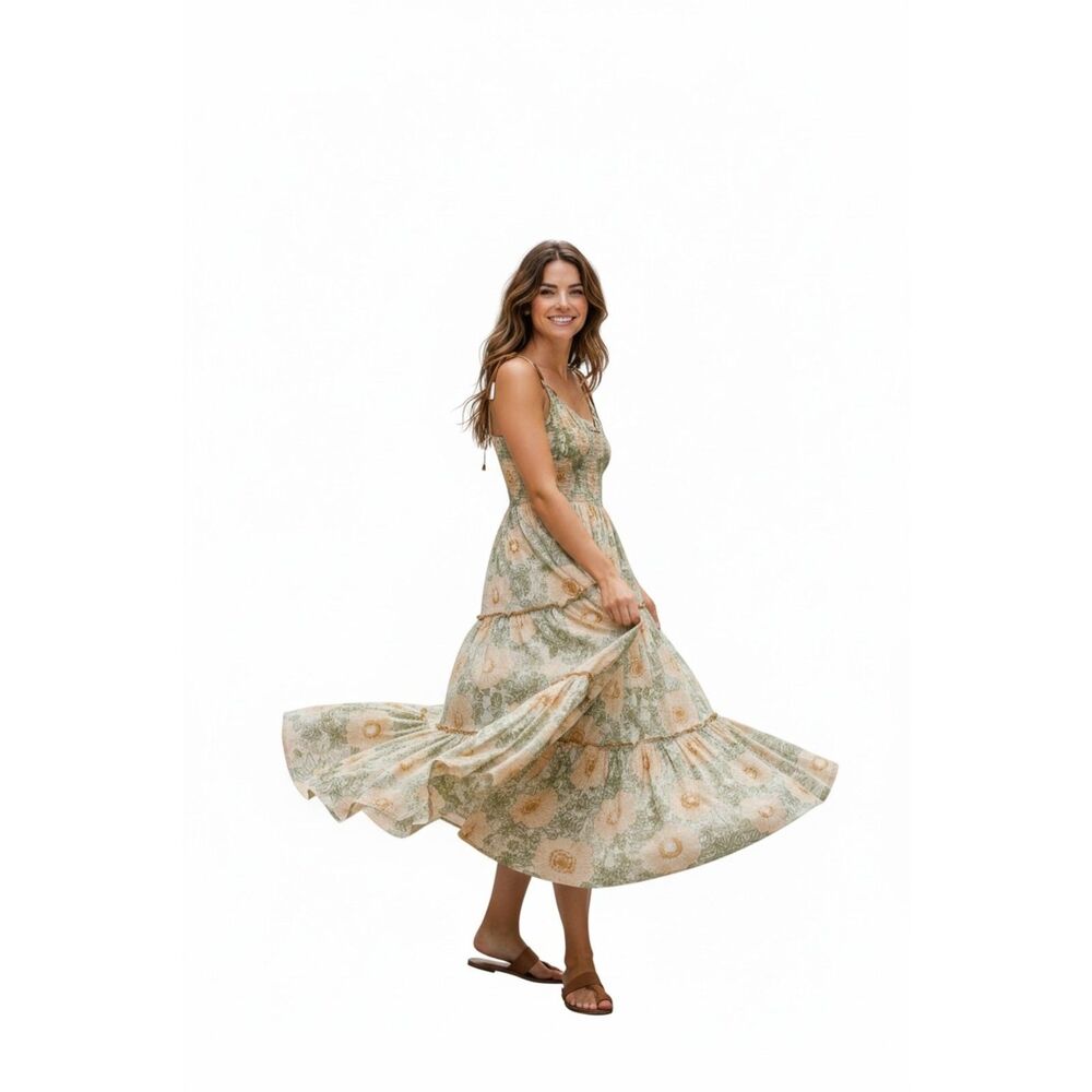 Free People NWT Green 100% Cotton Midi Dress Size XL Made In India